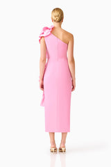 Valessa One Shoulder Midi in Pink with sleeveless detailing & back zipper front shot 