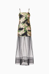 Florayne Sheer Dress in Black & Green Floral with spaghetti strap, straight neckline ghost shot 