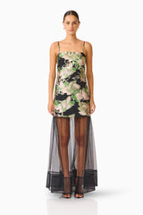 Florayne Sheer Dress in Black & Green Floral with spaghetti strap, straight neckline front shot 