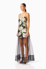 Florayne Sheer Dress in Black & Green Floral with spaghetti strap, straight neckline side shot 