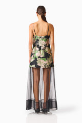 Florayne Sheer Dress in Black & Green Floral with open back and zip up back shot 
