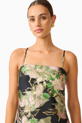 Florayne Sheer Dress in Black & Green Floral with spaghetti strap, straight neckline close up shot 