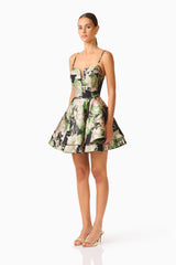 Florayne Sweetheart Mini Dress in Black & Green Floral
