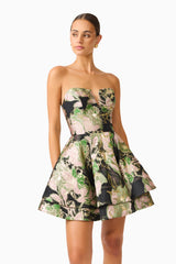 Florayne Sweetheart Mini Dress in Black & Green Floral strapless with sweetheart neckline close up posed shot