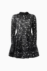 Auielle Long Sleeve Mini Dress in Black with Sequin Chantilly lace fabrication ghost shot
