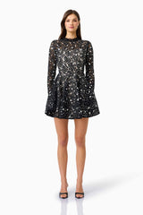 Auielle Long Sleeve Mini Dress in Black with Sequin Chantilly lace fabrication front shot