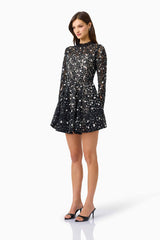 Auielle Long Sleeve Mini Dress in Black with Sequin Chantilly lace fabrication side shot