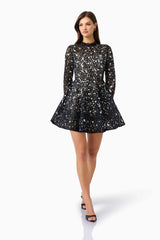 Auielle Long Sleeve Mini Dress in Black with Sequin Chantilly lace fabrication posed shot