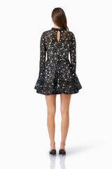 Auielle Long Sleeve Mini Dress in Black with Sequin Chantilly lace fabrication back shot