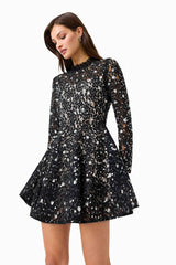 Auielle Long Sleeve Mini Dress in Black with Sequin Chantilly lace fabrication close up shot