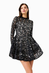 Auielle Long Sleeve Mini Dress in Black with Sequin Chantilly lace fabrication detail shot