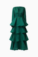 Eloria Tiered Maxi Dress in Forest Green with long sleeves & v-neckline ghost shot