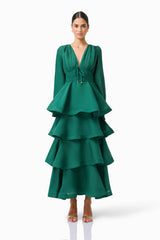 Eloria Tiered Maxi Dress in Forest Green with long sleeves & v-neckline front shot