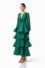 Eloria Tiered Maxi Dress in Forest Green with long sleeves & v-neckline side shot