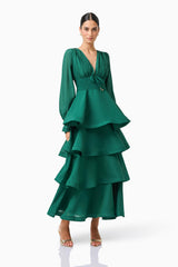 Eloria Tiered Maxi Dress in Forest Green with long sleeves & v-neckline posed shot