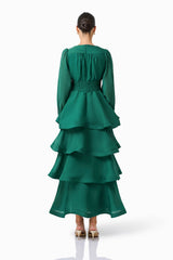 Eloria Tiered Maxi Dress in Forest Green with long sleeves & back zipper back shot