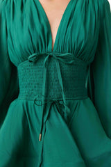Eloria Tiered Maxi Dress in Forest Green with long sleeves & v-neckline detail shot