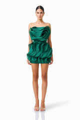 Eloria Asymmetric Ruffle Mini Dress in Forest Green with strapless neckline &  sleeveless front shot
