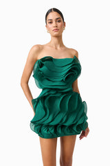 Eloria Asymmetric Ruffle Mini Dress in Forest Green with strapless neckline &  sleeveless close up shot
