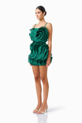 Eloria Asymmetric Ruffle Mini Dress in Forest Green with strapless neckline &  sleeveless side shot
