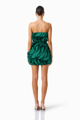 Eloria Asymmetric Ruffle Mini Dress in Forest Green with strapless neckline &  sleeveless back shot