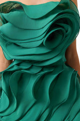 Eloria Asymmetric Ruffle Mini Dress in Forest Green with strapless neckline &  sleeveless detail shot