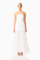 Auielle A-Line Gown in White with strapless neckline & princess seams front shot