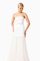 Auielle A-Line Gown in White with strapless neckline & princess seams close up shot