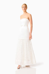 Auielle A-Line Gown in White with strapless neckline & princess seams posed shot