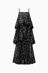 Auielle Tiered Maxi Dress in Black with square neckline & relaxed silhouette ghost shot