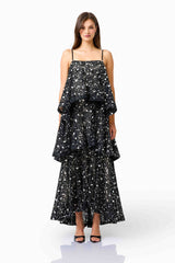 Auielle Tiered Maxi Dress in Black with square neckline & relaxed silhouette front shot