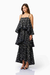 Auielle Tiered Maxi Dress in Black with square neckline & relaxed silhouette side shot