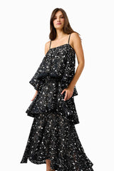 Auielle Tiered Maxi Dress in Black with square neckline & relaxed silhouette close up shot