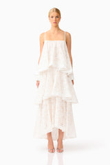 Auielle Tiered Maxi Dress in White with square neckline & relaxed silhouette front shot