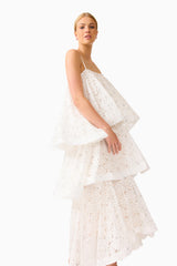 Auielle Tiered Maxi Dress in White with square neckline & relaxed silhouette close up shot