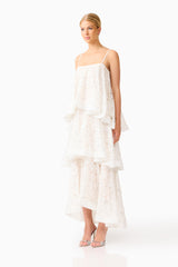 Auielle Tiered Maxi Dress in White with square neckline & relaxed silhouette side shot