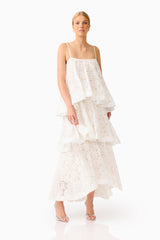 Auielle Tiered Maxi Dress in White with square neckline & relaxed silhouette posed shot