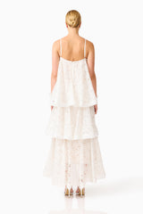 Auielle Tiered Maxi Dress in White with back zipper & relaxed silhouette back shot
