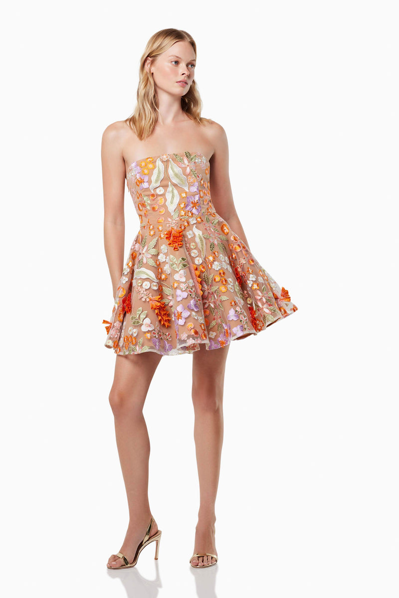 blonde model wearing Discotheque 3D floral mini dress in multi front shot