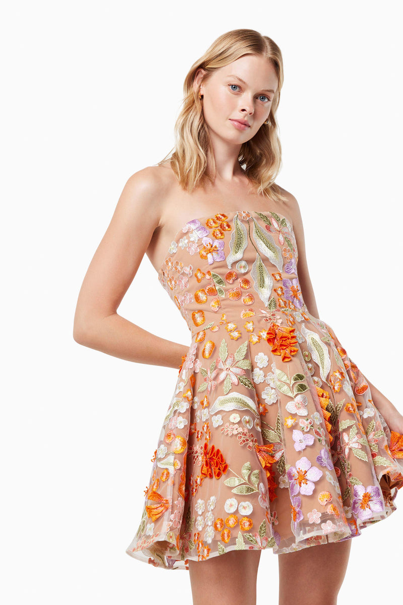 blonde model wearing Discotheque 3D floral mini dress in multi side shot