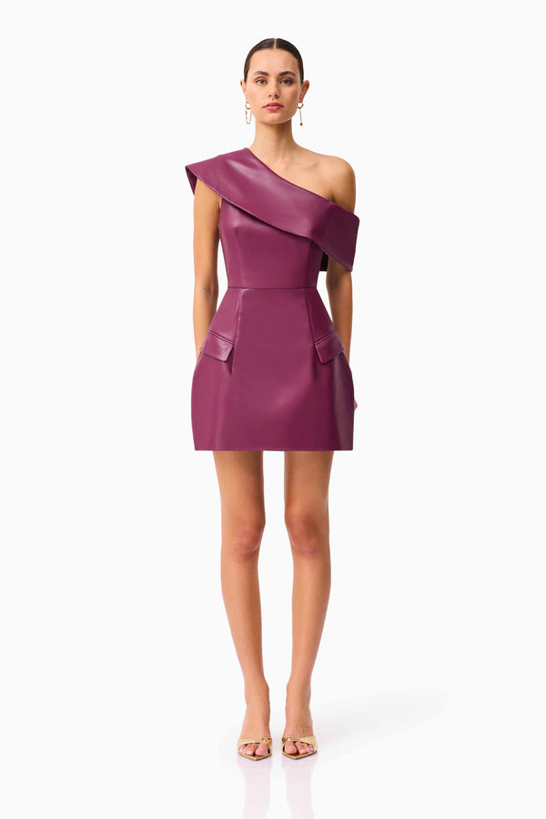 Brunette model wearing the Nova Off The Shoulder Mini Dress in Purple front shot 