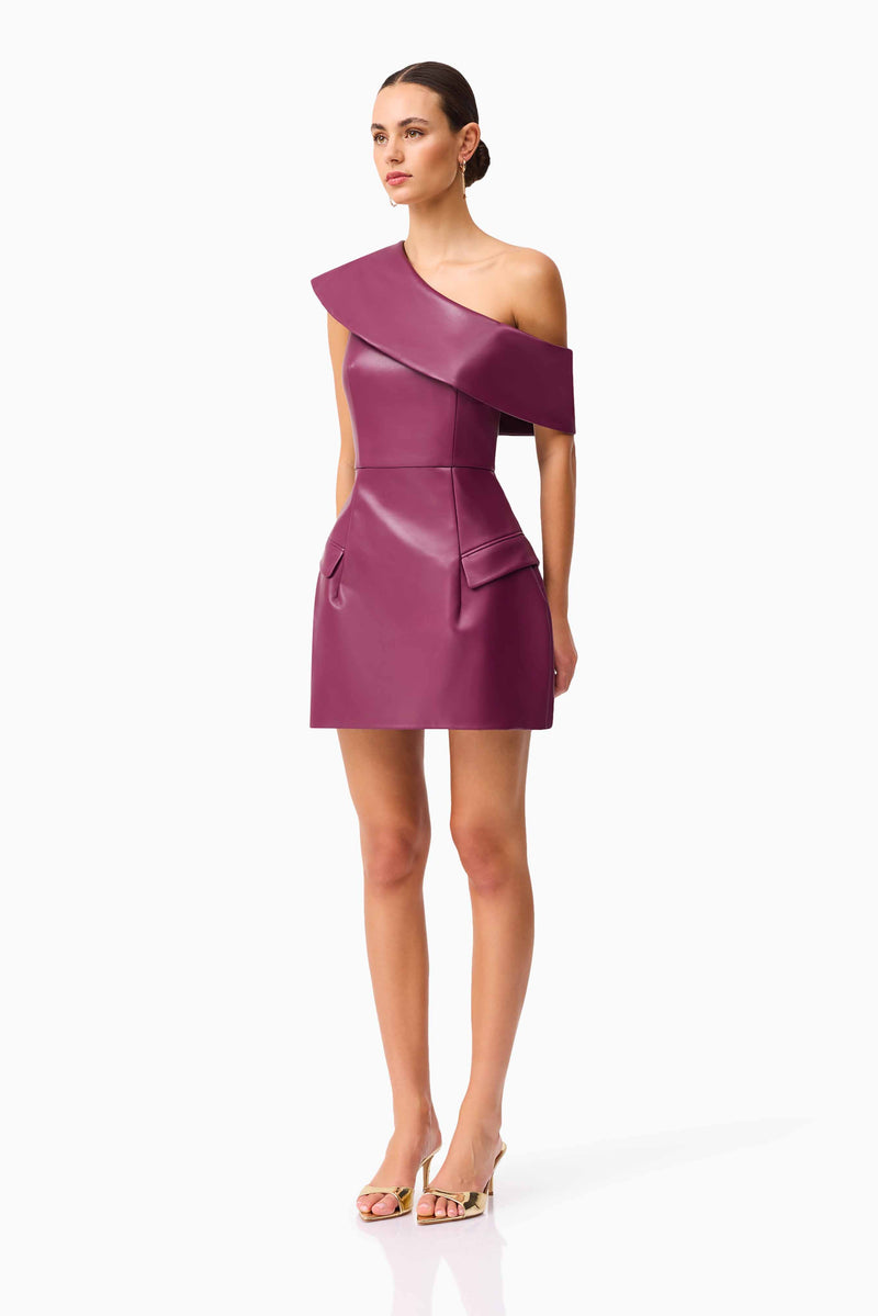 Brunette model wearing the Nova Off The Shoulder Mini Dress in Purple side shot 