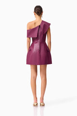 Brunette model wearing the Nova Off The Shoulder Mini Dress in Purple back shot 