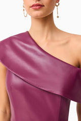 Brunette model wearing the Nova Off The Shoulder Mini Dress in Purple detail shot 
