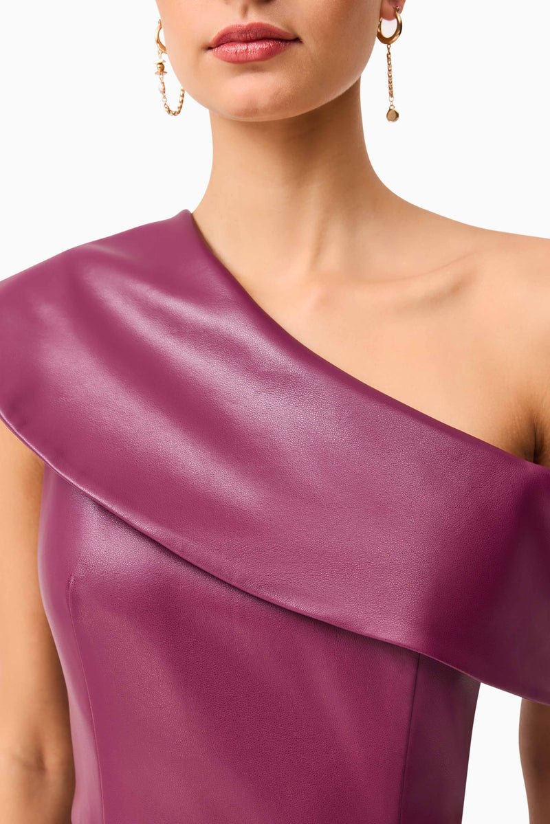 Brunette model wearing the Nova Off The Shoulder Mini Dress in Purple detail shot 