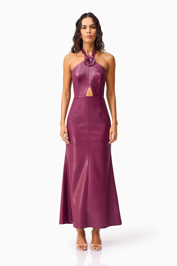 Brunette model wearing the Nova Halter Gown in Purple front shot 