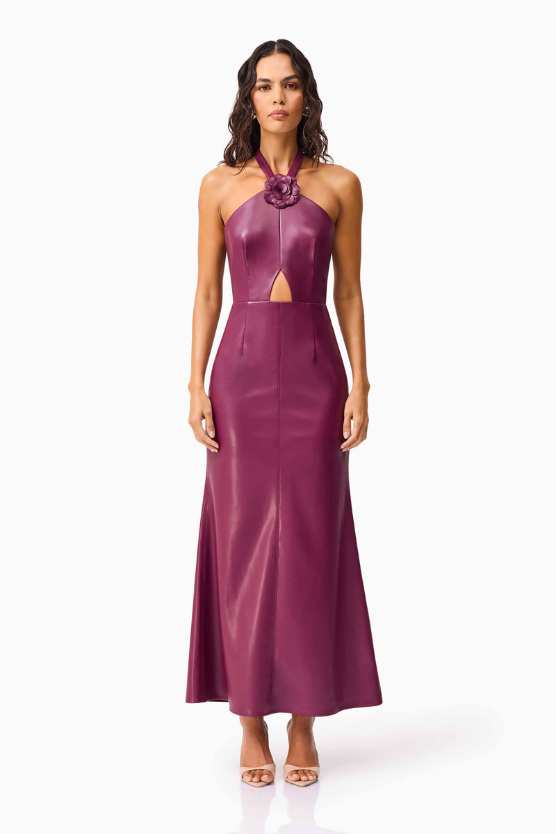 Brunette model wearing the Nova Halter Gown in Purple front shot 
