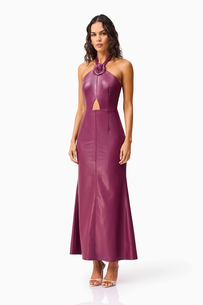 Brunette model wearing the Nova Halter Gown in Purple side shot 
