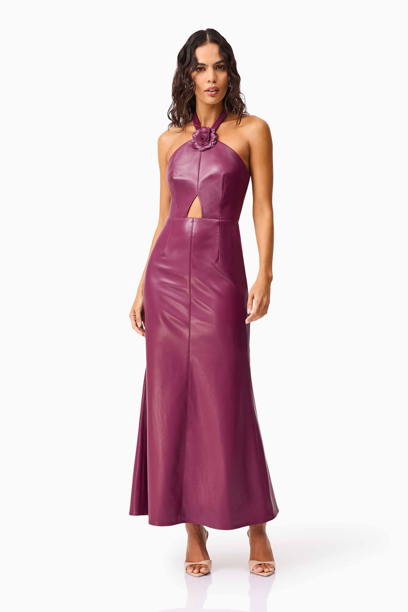 Brunette model wearing the Nova Halter Gown in Purple posed shot 
