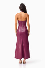 Brunette model wearing the Nova Halter Gown in Purple back shot 